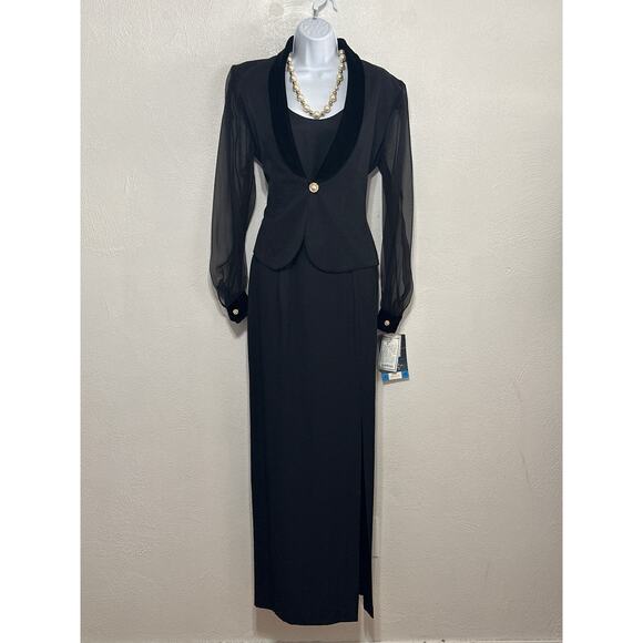 VTG NWT Maxi High Split Sheer Tuxedo Jacket 2pc Dress 8 Black City Nights Formal - Picture 1 of 16